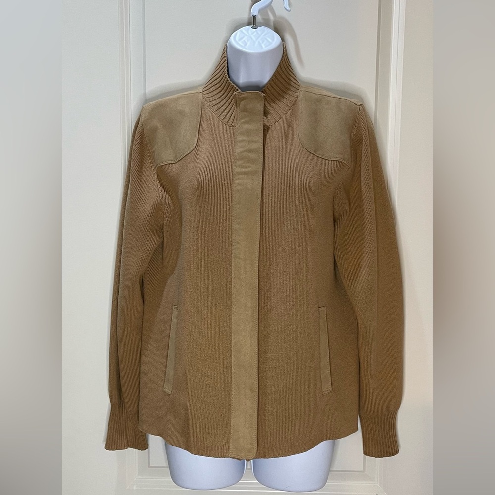Liz Claiborne Vintage Tan Sweater Jacket with Faux Suede Detailing Size XL